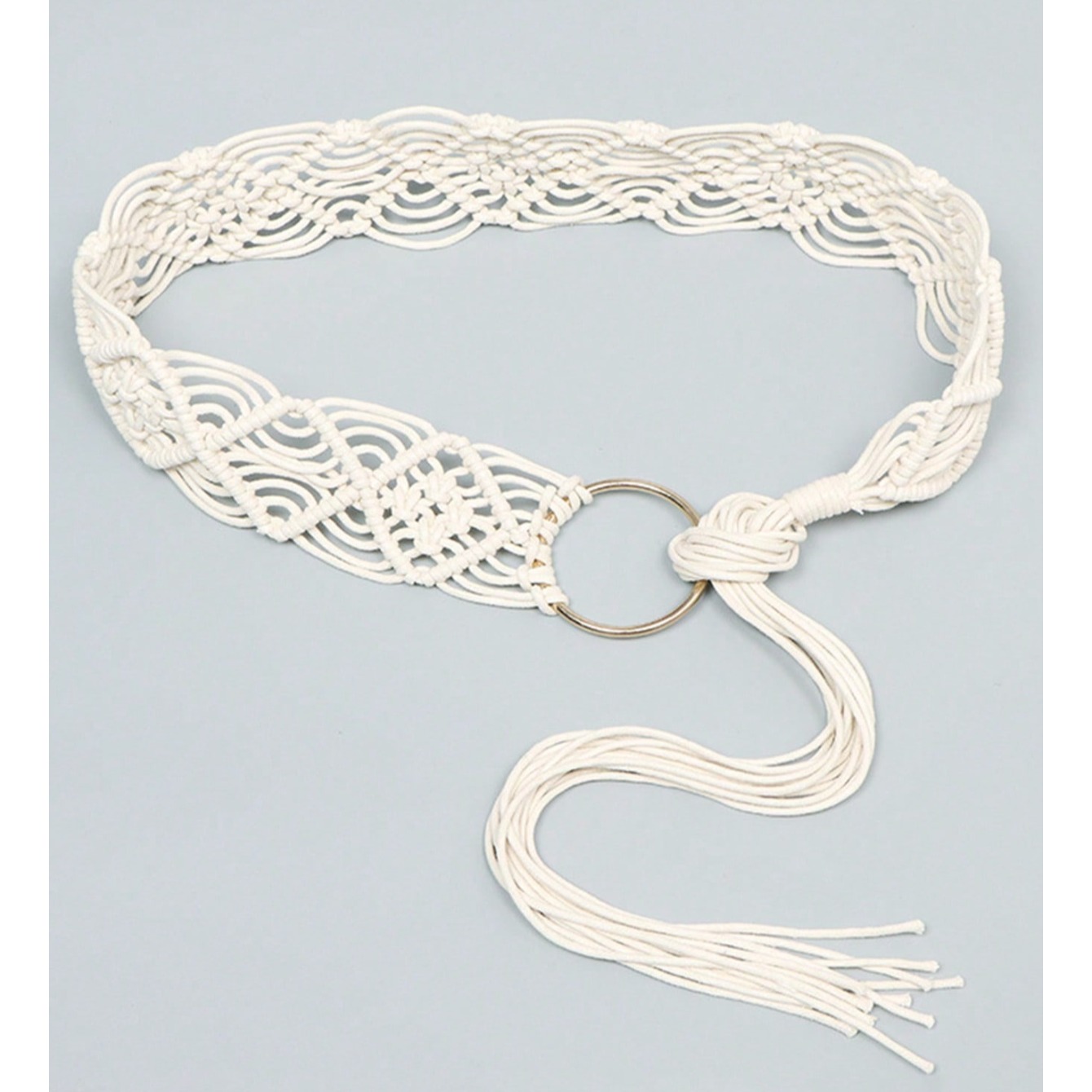 Ceinture tressée bohème ethnique pour femme avec grande boucle en O argentée, ceinture beige à pompons pour femme
