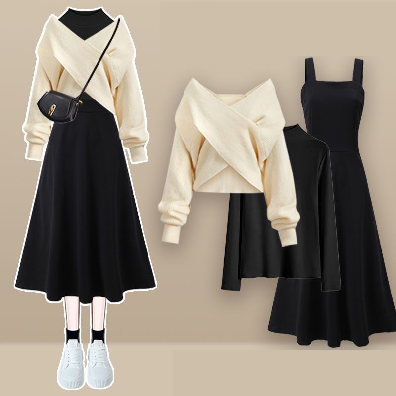 Ensemble 3 pièces chic pour femme : pull en maille croisée élégant, chemise et robe noire à bretelles – Nouvelle collection hiver 2026
