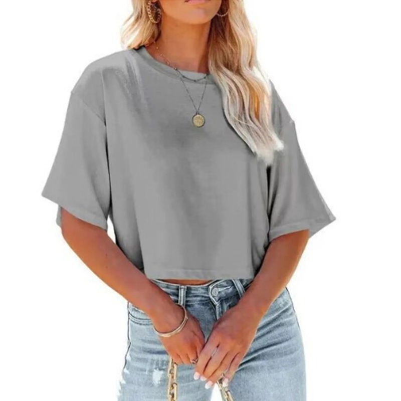 T-shirt à manches courtes pour femmes col rond recadrée couleur unie t-shirts hauts courts amples femmes tendance Petite t-shirt