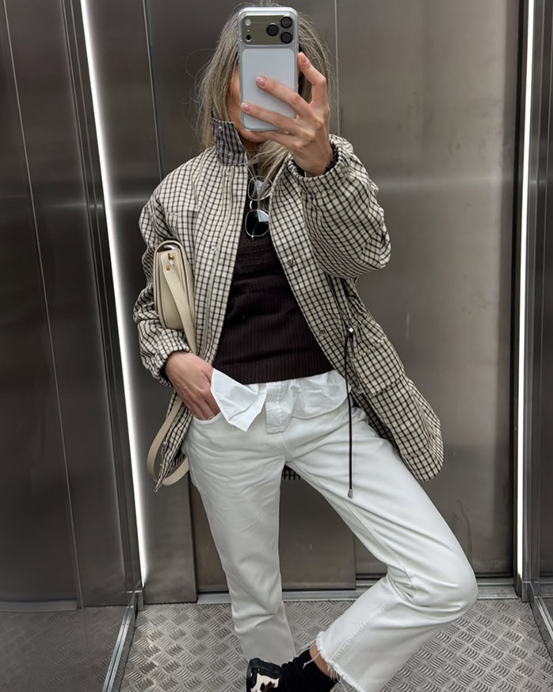 Manteau pour femme 2026 Nouvelle collection automne, gris à carreaux, manches longues, coupe ample, avec cordon de serrage décoratif, style décontracté et tendance, vêtement d'extérieur pour femme