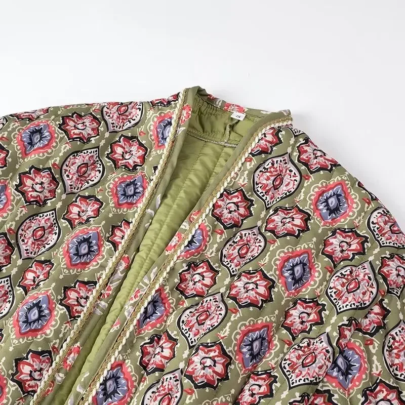 Cardigan matelassé imprimé pour femme avec poche, veste à lacets, coton chaud, hiver, optique, 2024