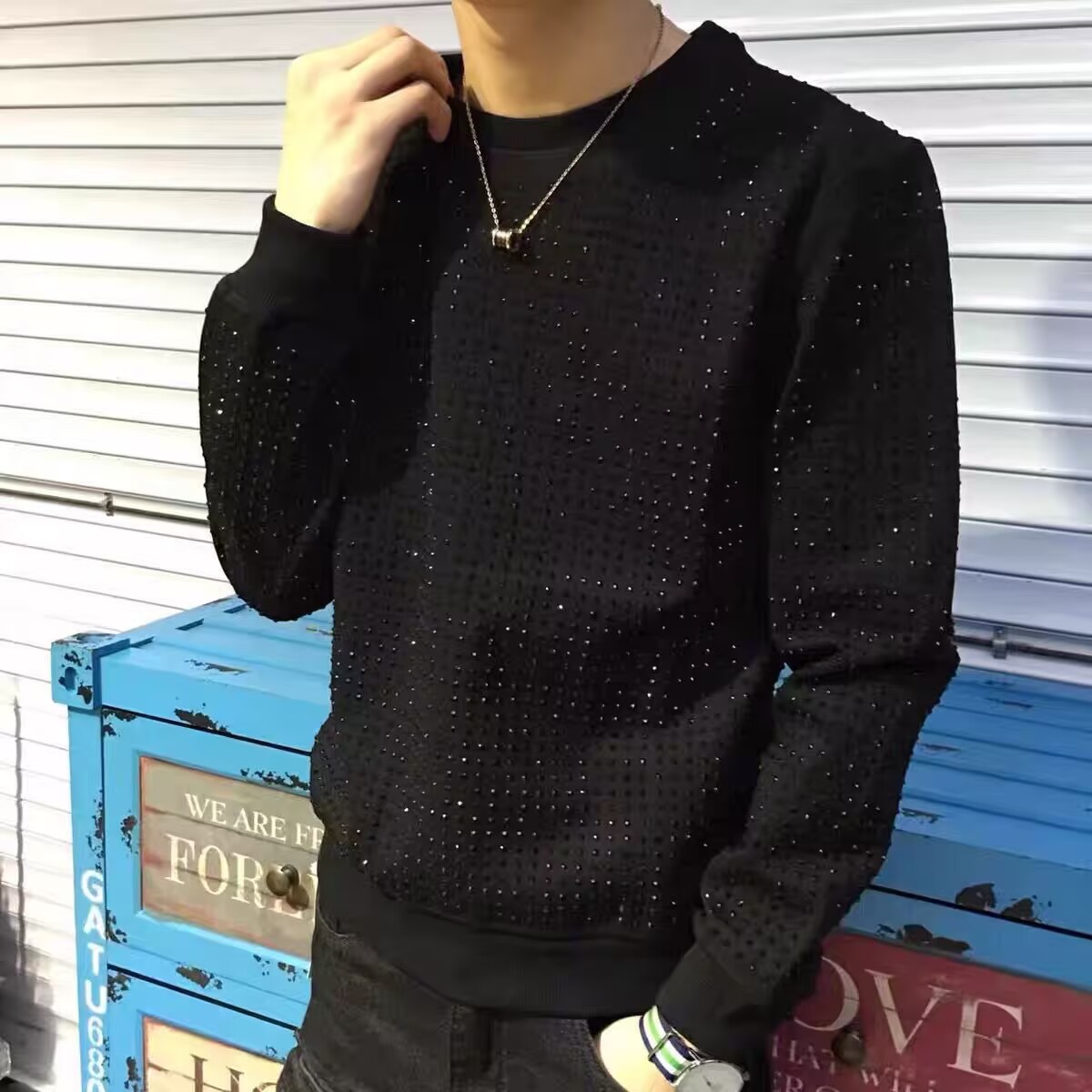 Sweat à capuche d'hiver à manches longues pour homme, col rond, vêtement de marque avec lettres en strass, pull 2025
