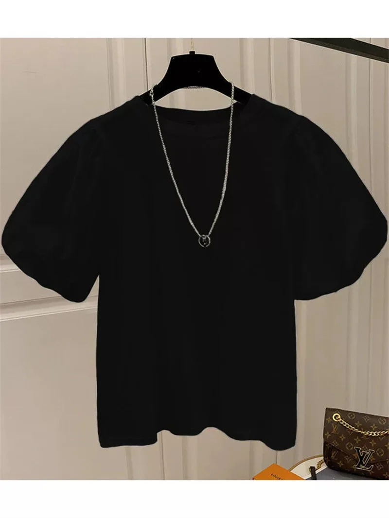 Mujer coton T-shirts pour femmes T-shirts d'été manches bouffantes col rond T-shirts hauts surdimensionnés mode doux blanc T-shirts