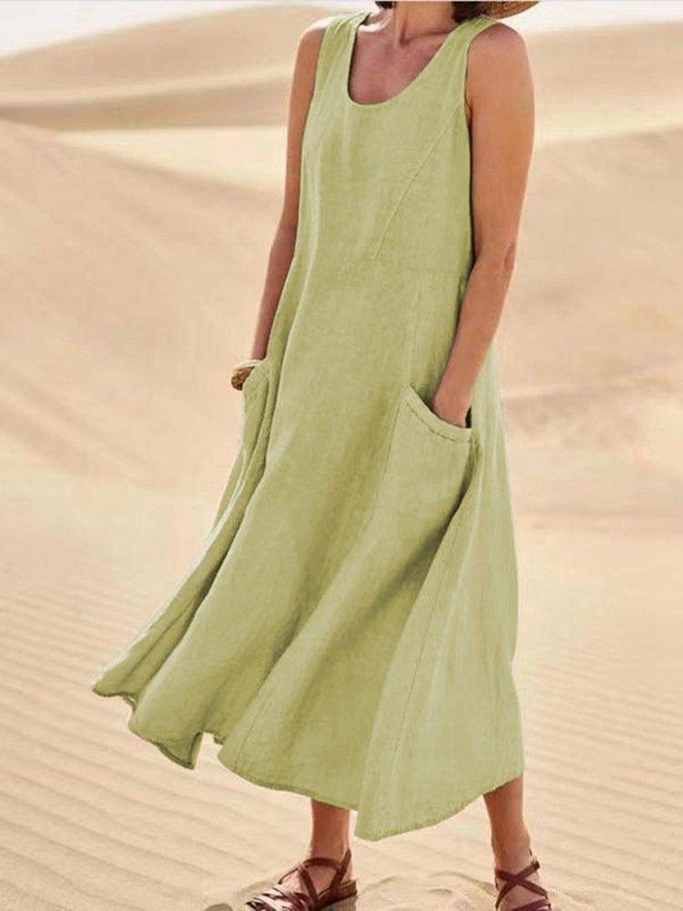 Robe de plage en coton et lin pour femme, 12 couleurs, poche en fibre, col rond, mode simple, jupe mi-longue pour femme