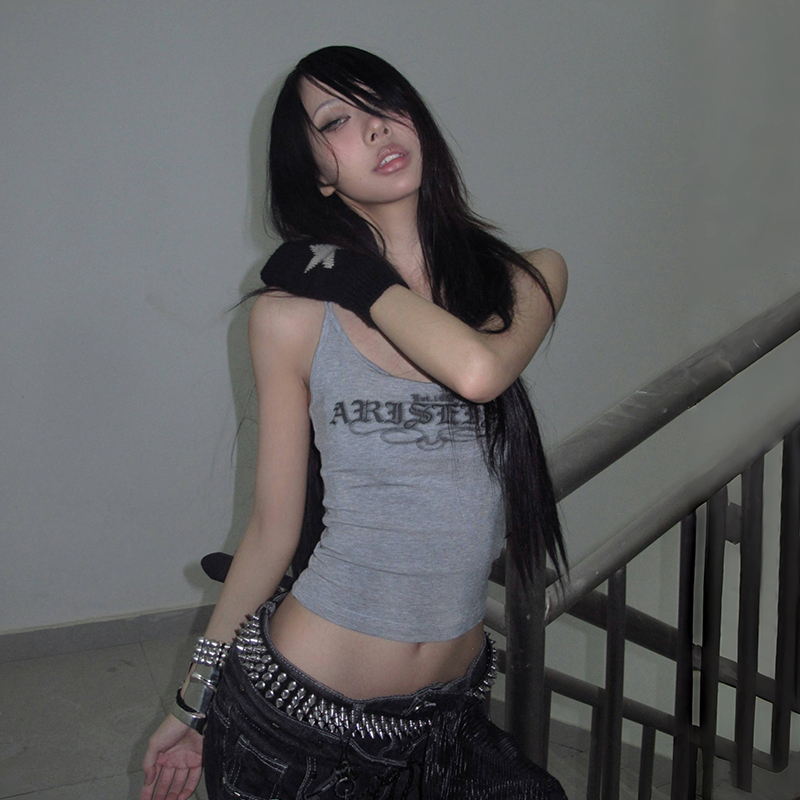 Karrcat Trashy 2000s lettre impression débardeur japonais Y2k gris Camis hauts Grunge esthétique sans manches culture hauts américain rétro