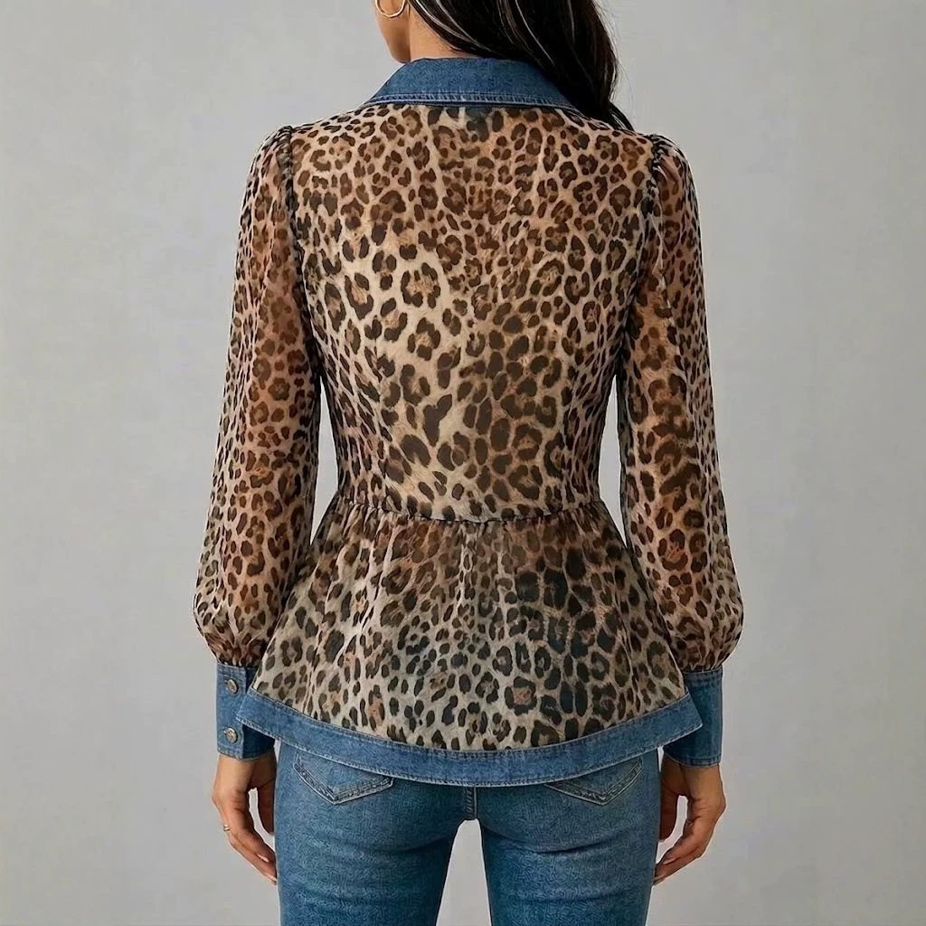 Chemisier Peplum en Chiffon Transparent Imprimé Léopard pour Femme, Chemise à Manches Longues Boutonnée avec Empiècements en Jean, Style Western Décontracté