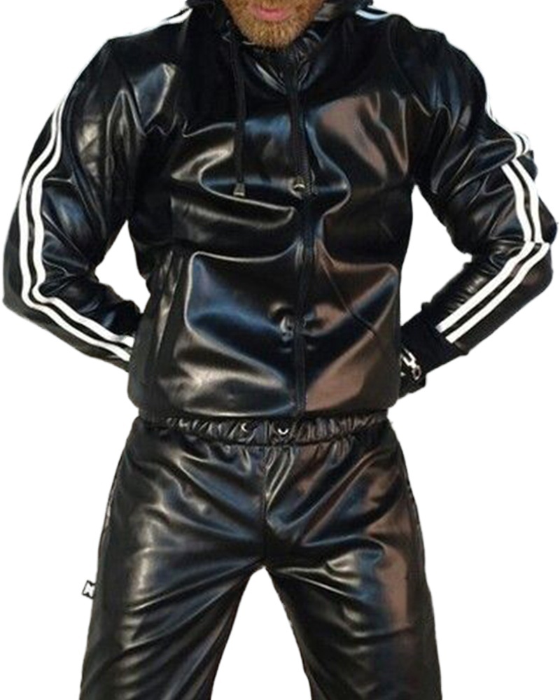 Costume à capuche en cuir PU pour hommes, vêtements de sport décontractés, Jogging, vêtements de sport, ensemble de survêtement juteux