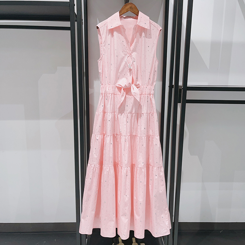 Robe sans manches rose pour femme, col rabattu, ceinture à nouer, strass éclatants, robe patchwork pour femme