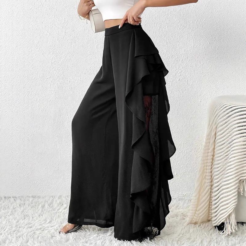 Pantalon à jambes larges pour femme, automne, volants épissés, dentelle, maille transparente, noir irrégulier, élégant, bureau, banlieue, à plusieurs niveaux