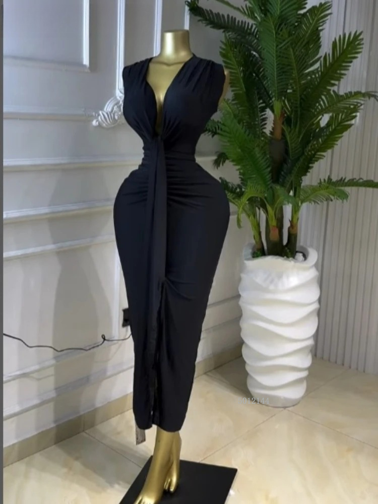 Robe longue moulante à manches longues et nœud papillon, col en V profond, pour femme, tendance, pour anniversaire, fête, vacances, 2026, Vestidos