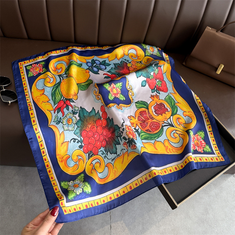 Foulards carrés en soie imprimé fruits pour femmes, 70x70cm, décoration des cravates, foulard pour dames, plage d'été, Hijab, nouvelle collection 2026