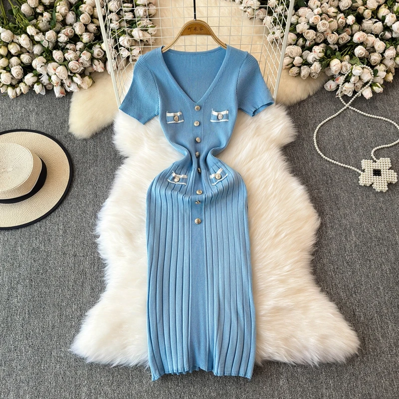 Robe longue élégante pour femmes, col en V, simple boutonnage, manches courtes, tambour, robes con, mode, fête, bureau, dame, éducatif, été