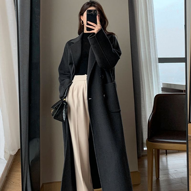 Manteau Trench d'Hiver pour Femme 2026 Nouvelle Mode Coréenne Décontractée en Laine Bleu Marine avec Lacets Longue Veste Noire pour Femme avec Ceinture