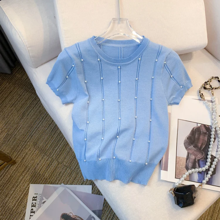 Haut en tricot ajouré à perles roses pour femmes, col rond, manches bouffantes, coupe ajustée, décontracté, élégant, style coréen, pour toutes les saisons.