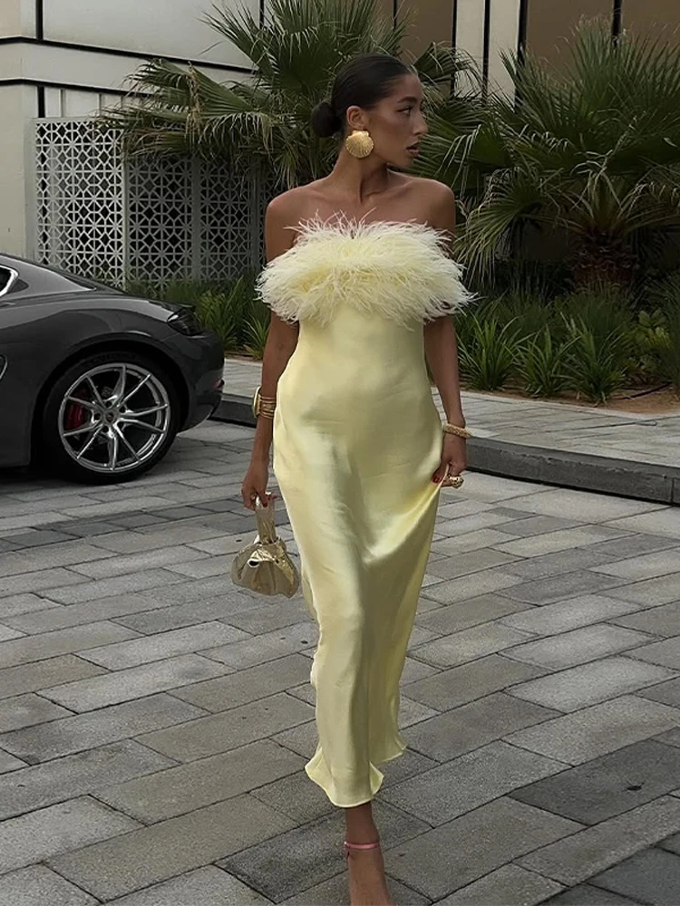 Robe Maxi en Satin uni à franges pour femmes, élégante, sans bretelles, sans manches, taille cintrée, robes longues, vacances d'été, nouvelle collection 2025