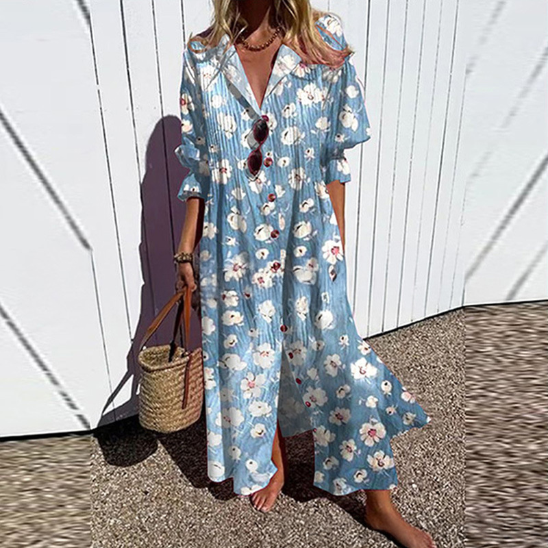 Femmes élégantes grande taille plissée à manches courtes col en V robes longues Style doux taille haute robe imprimée femme décontracté robe ample