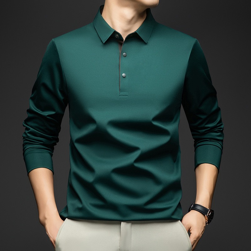 Polo à manches longues pour hommes, en mélange de soie de mûrier, col classique, idéal pour un style décontracté et professionnel, couleur unie, pour hommes d’âge mûr.