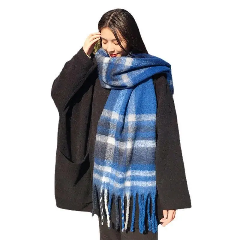 Écharpe en mouton épaisse et douce, style coréen, à franges, à carreaux, classique, en laine tricotée, pour l'automne et l'hiver, pour la chaleur et la mode