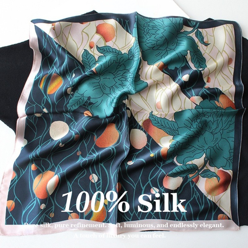 Nouveau Foulard Carré 100% Soie de Mûrier, Marque de Luxe, Imprimé Floral Vintage de Créateur, Bandana, Hijab, Ruban de Sac, Cadeau pour Femme