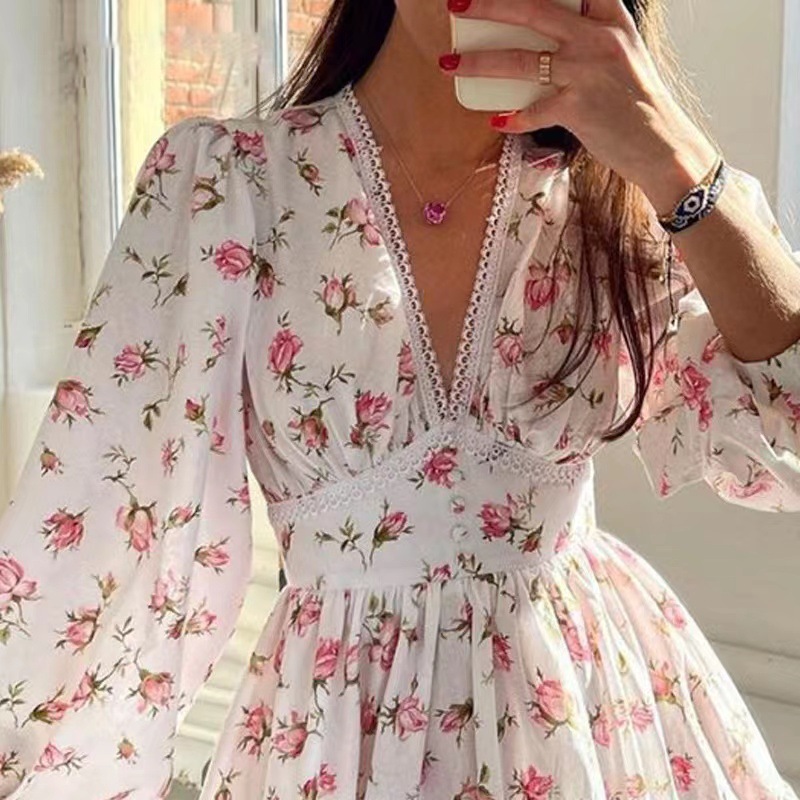 Femmes imprimé fleuri Mini robe taille haute a-ligne été automne à manches longues col en V robes Vintage plage vacances robes décontractées