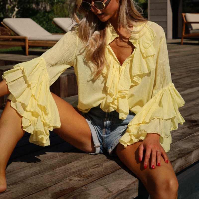 Femmes élégantes couches à volants garniture pure Blouses décontracté coupe ample solide boutonné col en V à manches longues petit haut Streetwear