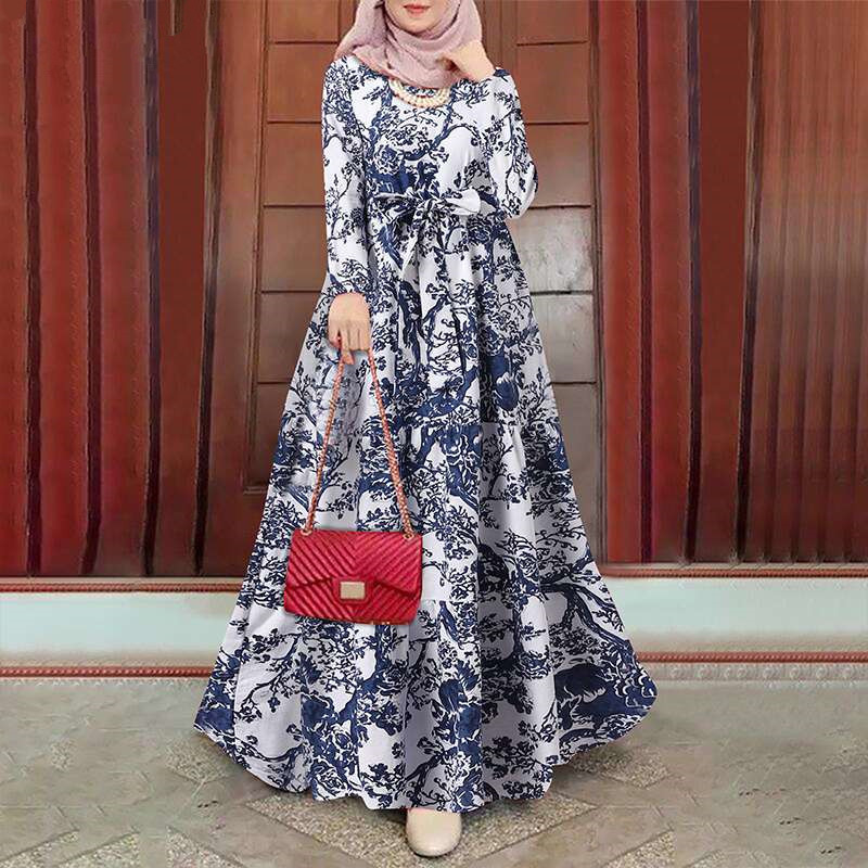 Robe musulmane à manches longues et col rond pour femmes, caftan décontracté, dubaï, abaya imprimé, patchwork, ramadan, maroc