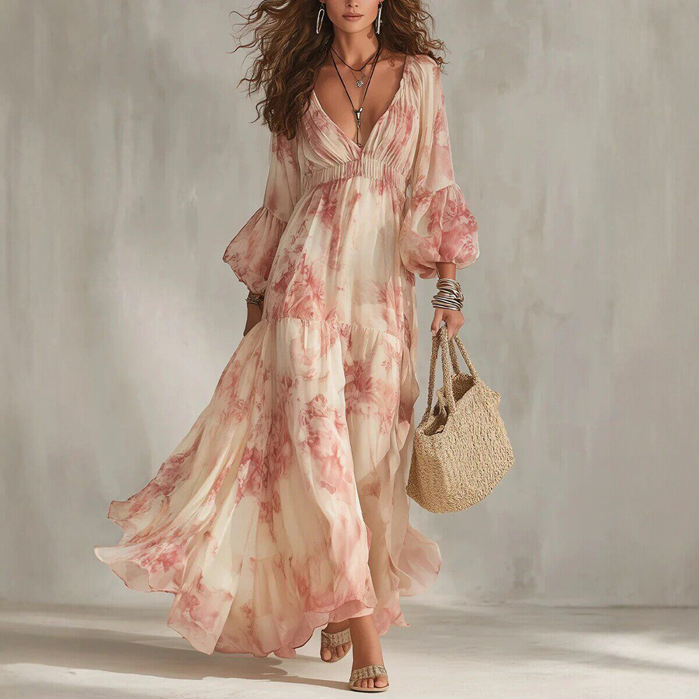 Robe longue bohème en mousseline imprimée florale pour femme, sexy, col en V profond, taille haute, manches bouffantes, élégante et fluide pour les vacances