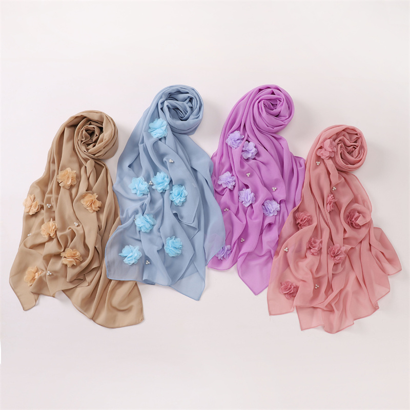 Point uni Rose bulle florale en mousseline de soie Hijab Ramadan perles foulards châles femmes crème solaire foulard extérieur coupe-vent tête enveloppement