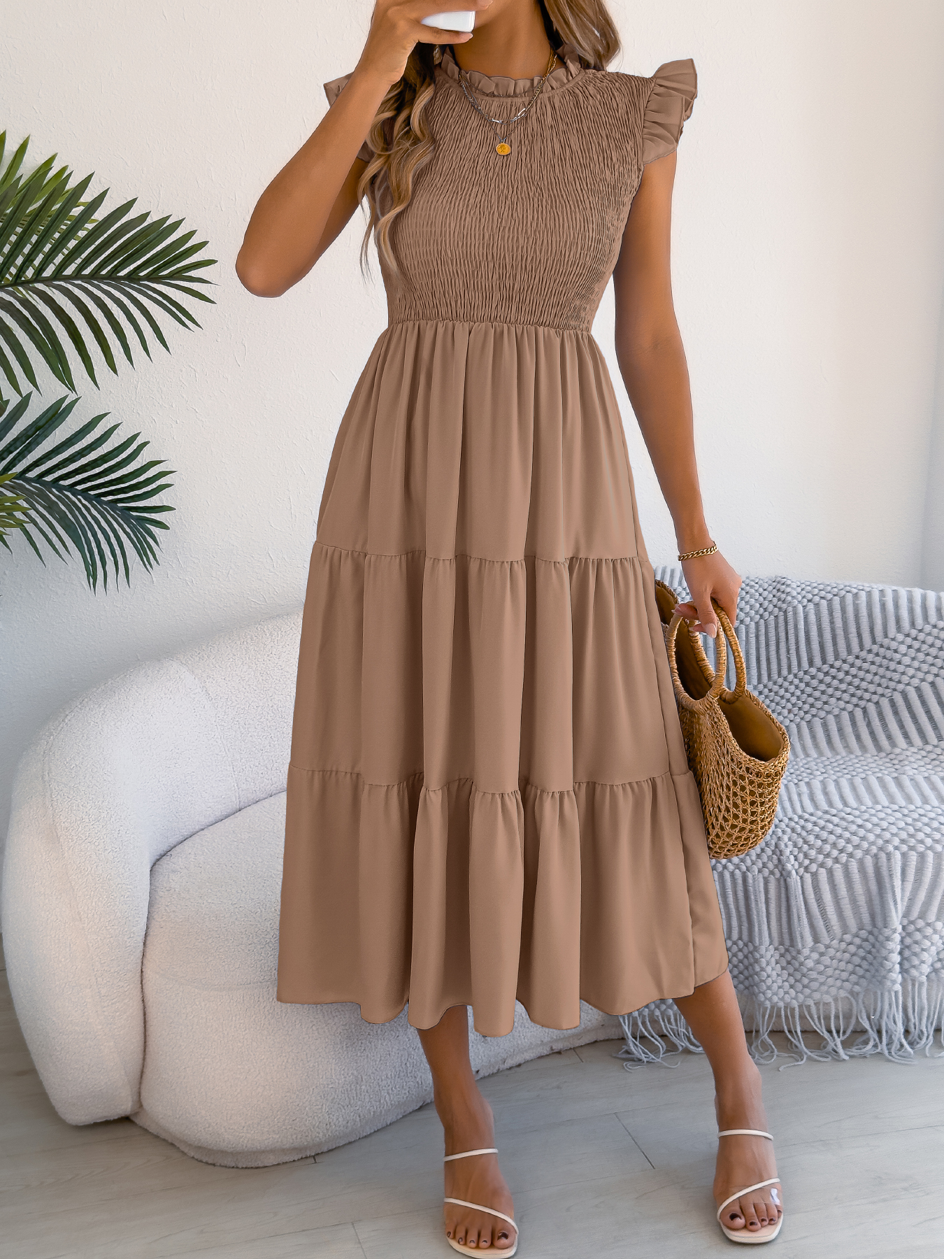 Robes élégantes à volants pour femmes Printemps-Été 2026 – Robe longue décontractée sans manches à col rond de couleur unie pour les vacances – Bleu Vert