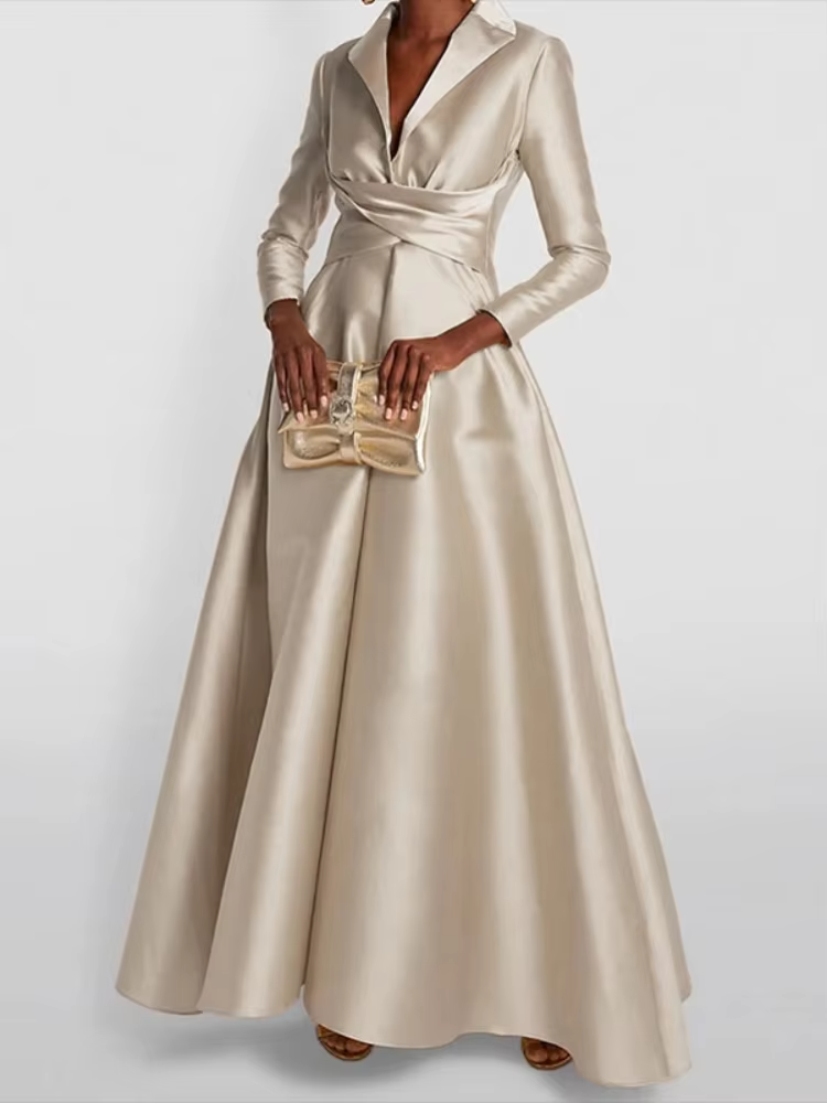 Nouvelle Robe Longue Élégante en Satin pour Femme 2026 – Robes Décontractées pour Femme, Col en V, Plissée, Taille Haute, Tenues de Soirée et de Bureau