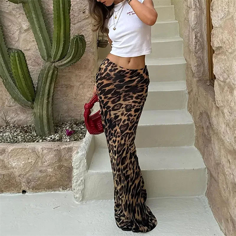 Lamuusaa-Jupe imprimée léopard pour femme, coupe couvertes, taille basse, batterie con, jupes longues, vêtements de fête, streetwear, y2k