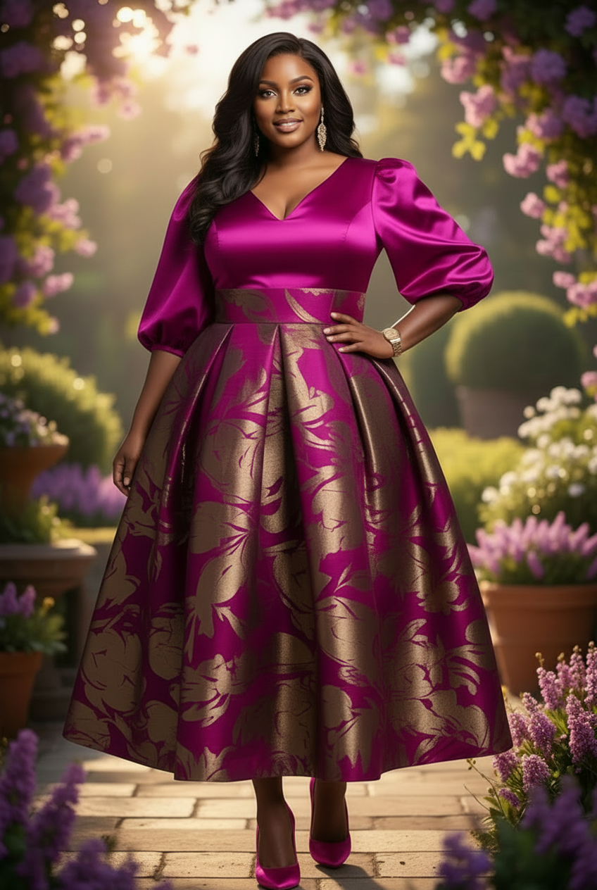 Robe midi jacquard florale grande taille pour femme, col en V, manches bouffantes, coupe évasée, idéale pour les invitées de mariage, l'église ou les soirées.