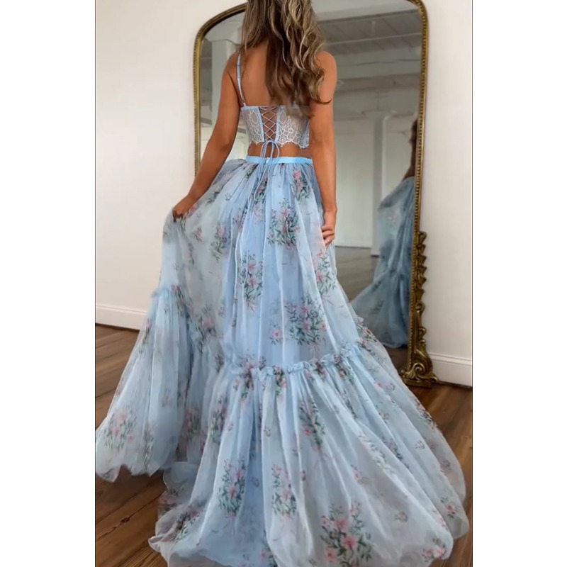 Ensemble 2 pièces bohème pour femme : Robe longue en mousseline florale, haut corset sexy en dentelle et jupe en tulle étagée fluide pour bal de promo, mariage ou soirée