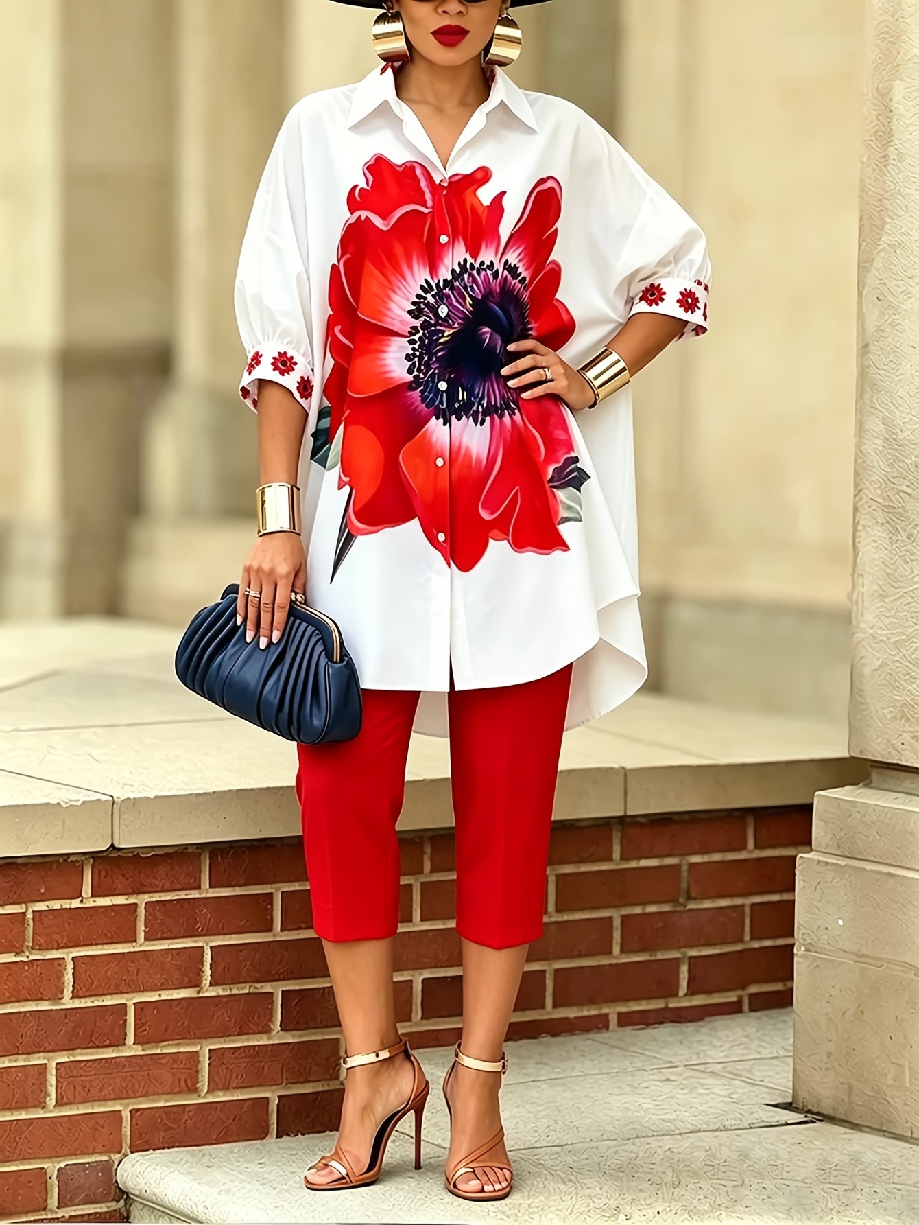 Ensemble 2 pièces vintage pour femme, imprimé floral, chemise à manches courtes et col rabattu à simple boutonnage, pantalon slim uni, tenue décontractée