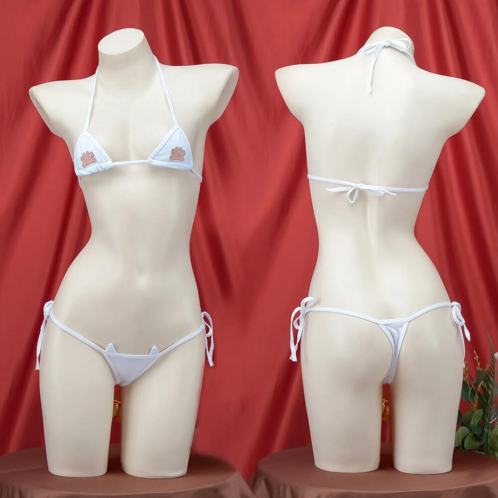 Ensemble bikini imprimé patte de chat Kawaii japonais pour femme, soutien-gorge trois points et culotte, mini maillot de bain