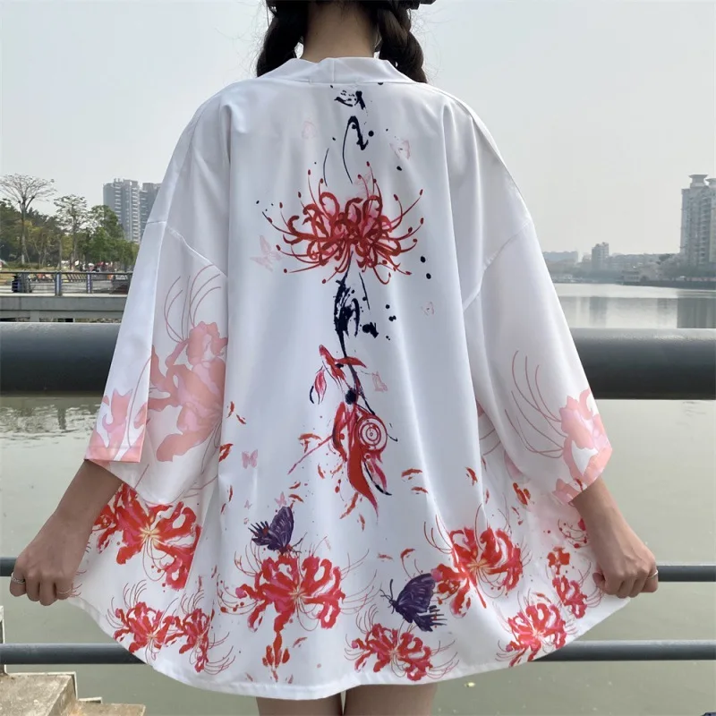Kimono japonais blanc imprimé fleurs, vêtements traditionnels pour femmes, Haori Obi, ceinture de plage