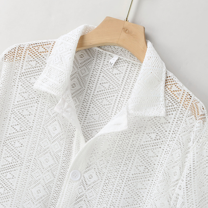 Vêtements d'été pour hommes maille voir à travers maille chemise Sexy à manches courtes résille boutonné rétro Chic Streetwear fête Blouse S-5XL