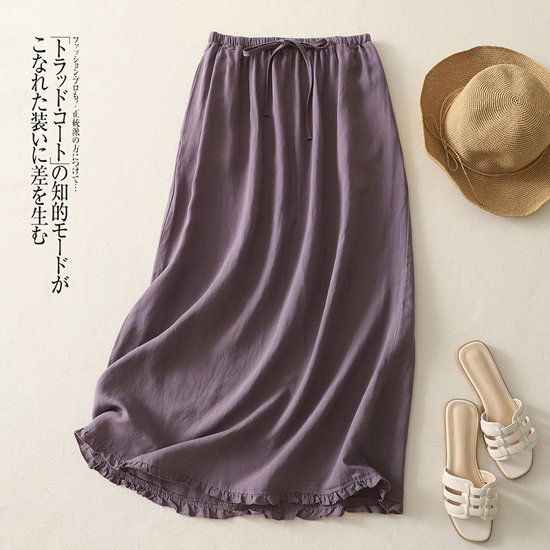 Jupe mi-longue en coton pour femme, nouvelle version coréenne, élégante et tendance, avec bordure à volants et cordon de serrage à la taille