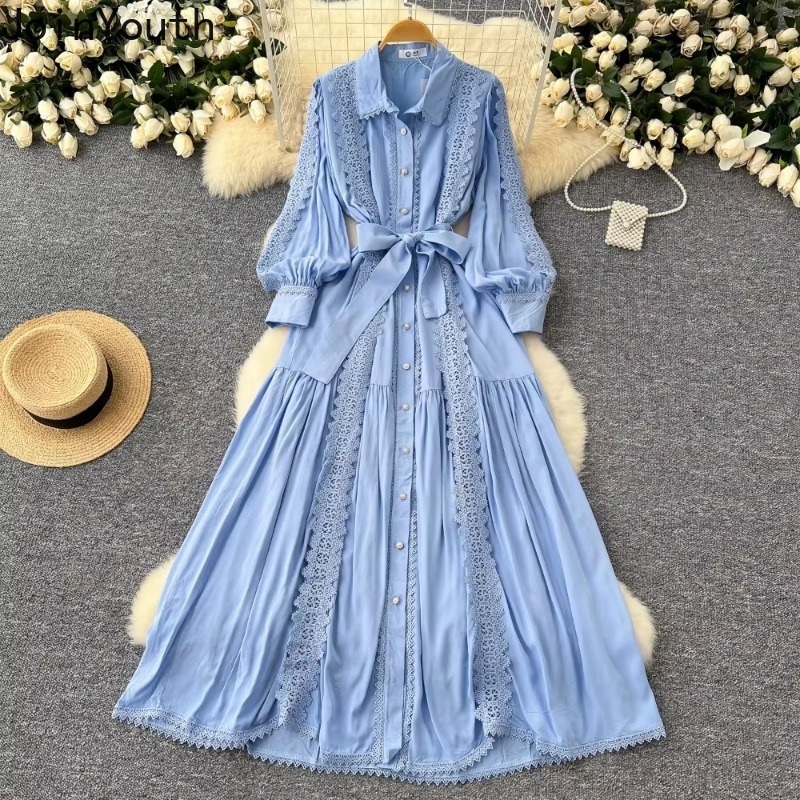 Robe en dentelle vintage à col rabattu pour femmes, manches lanterne, nœud de bandage, coupe couvertes, grande balançoire, robes maxi élégantes