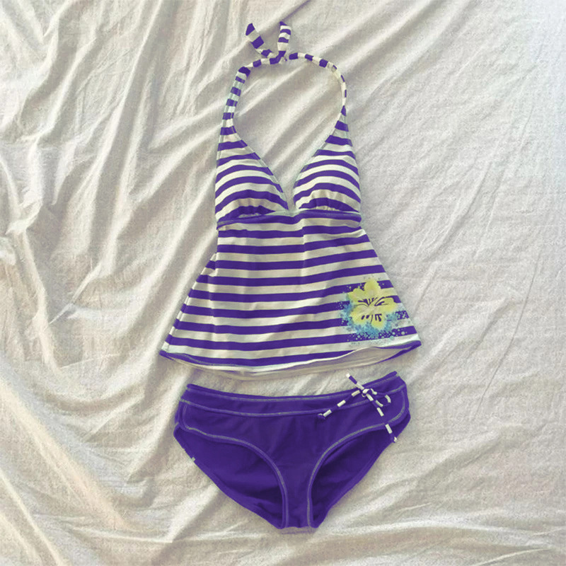 Femmes été plage Bikini ensemble Sexy mince Chic rayé licou col en V maillot de bain 2 pièces Vintage décontracté maillots de bain fendu maillot de bain