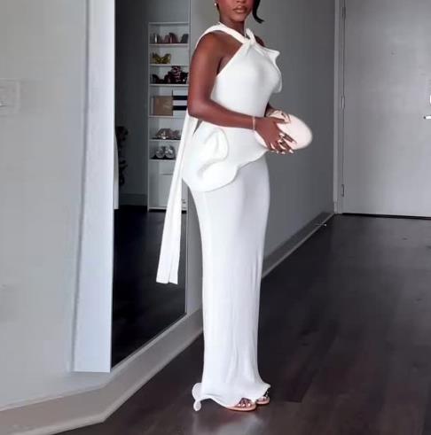 Robes pour femmes Printemps 2026 Nouvelle collection – Robe longue moulante élégante à col suspendu, couleur unie, dos nu, coupe ajustée, style sexy et raffiné