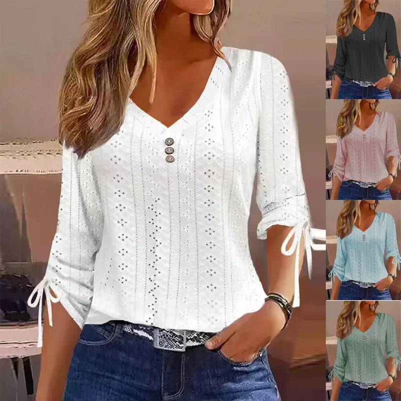 Chemisier à manches longues pour femmes, tendances de la mode, chemises et chemisiers décontractés à boutons et col en v, élégants, hauts à nœud ajouré, 2024