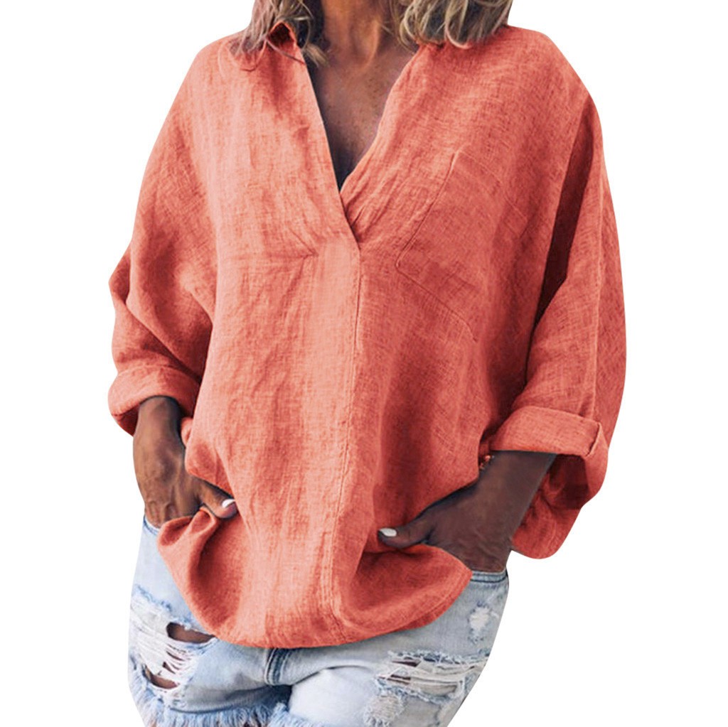 Chemises d'été à la mode pour femmes, couleur unie, col en V, manches longues, décontractées, amples, Style Boho, coton et lin, simples et élégantes