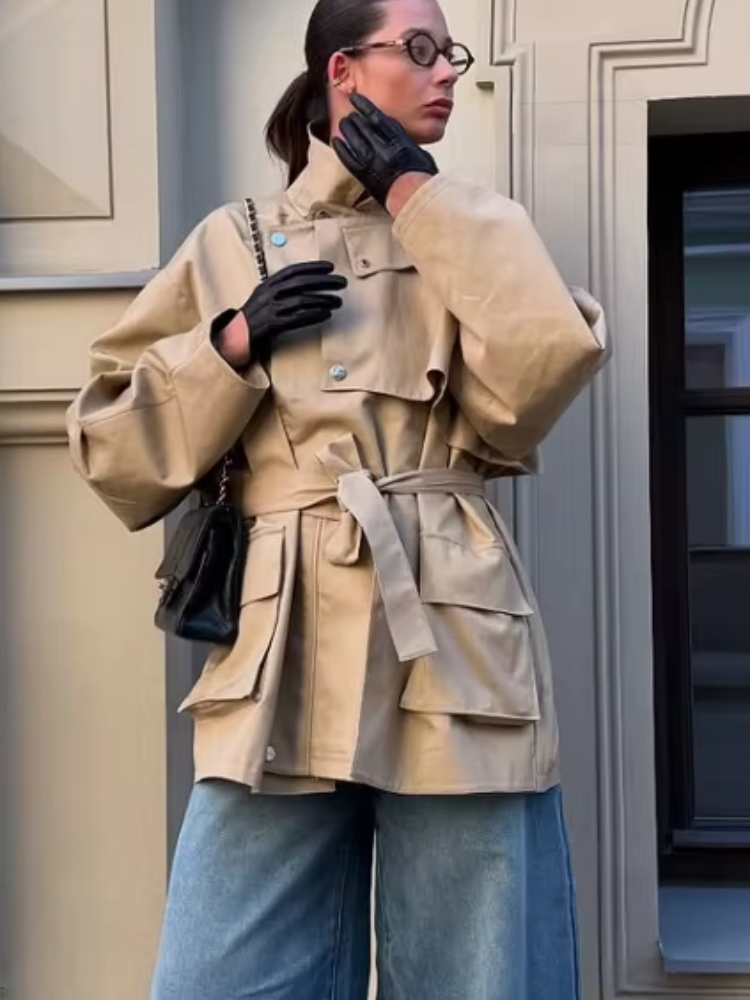 Trench-Coat kaki à simple boutonnage pour femme, élégant, revers, manches longues, poches, coupe-vent, automne, veste de rue quotidienne
