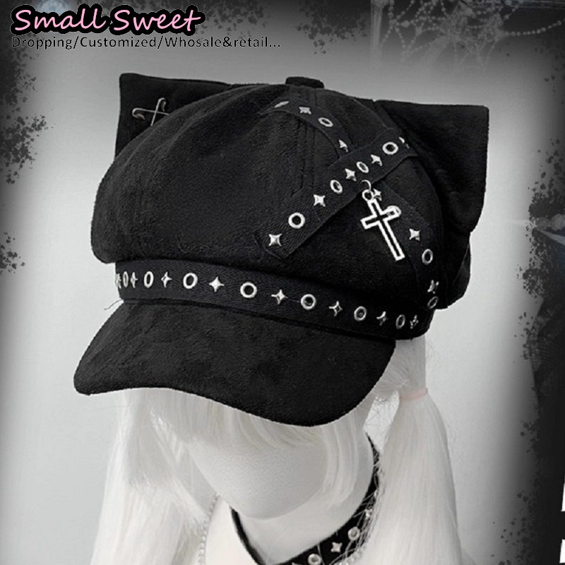 Béret gothique Lolita Steampunk oreilles de chat Y2k pour fille, casquette de Baseball à rivets, Punk sous-culturel foncé, croix, Streetwear, casquette octogonale