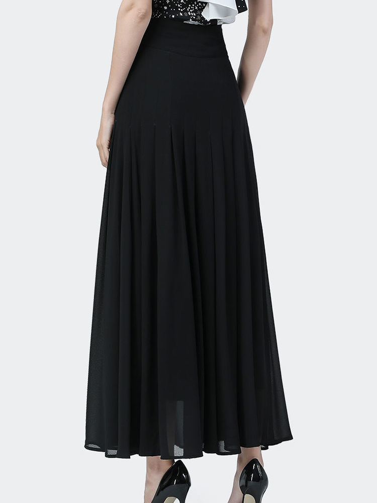 Jupe mi-longue élégante pour femmes, taille haute, Sexy, fente à boutons, maille, longue gaze, jupes plissées d'été, noires
