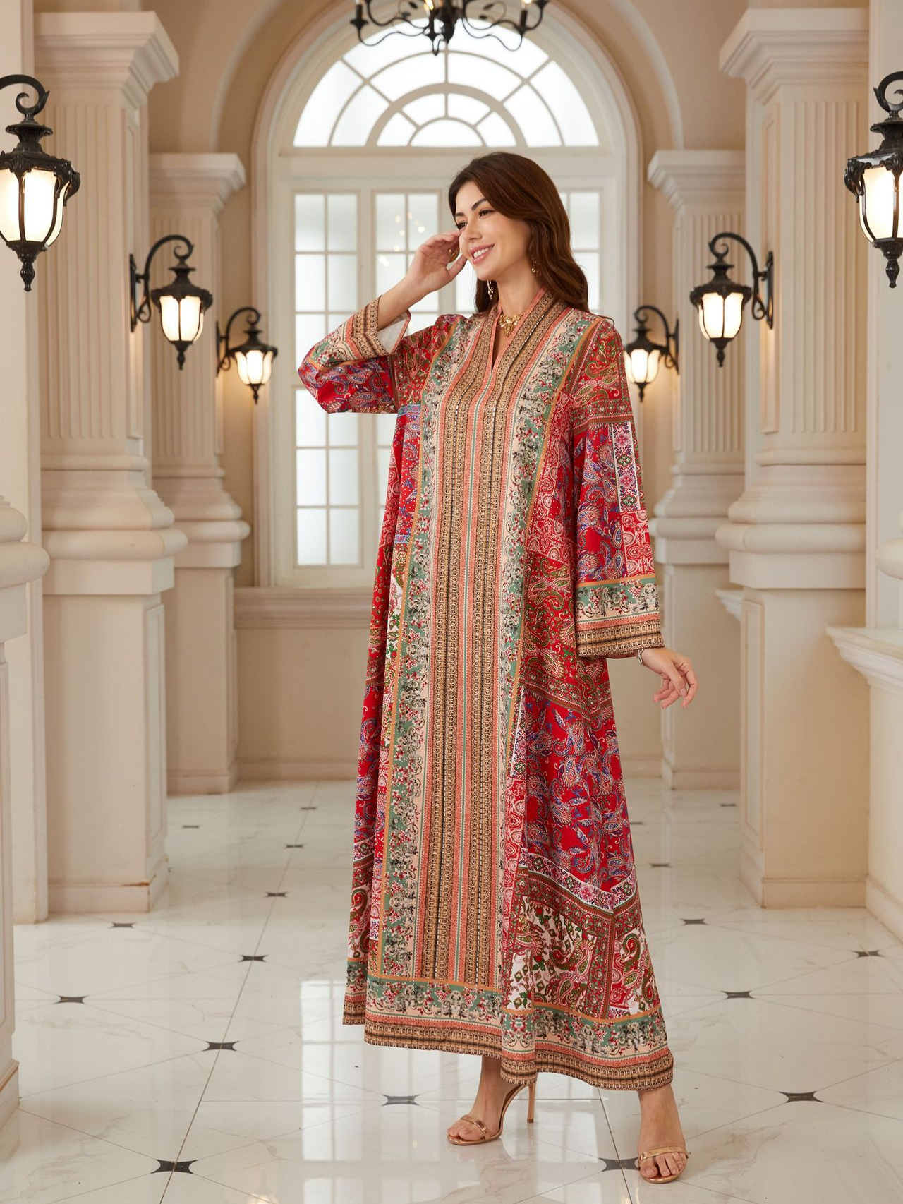 Abaya Eid Ramadan pour femmes, imprimé paisley, strass, kaftan à manches longues, taille haute, coupe ample, robe longue de fête musulmane de style Dubaï marocain