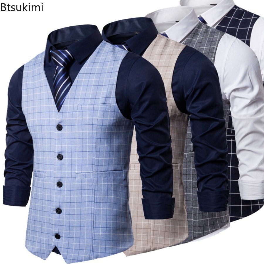 Gilet de Costume Tendance 2026 pour Hommes – Gilet Habillé Slim à Carreaux, Col V Vintage, Sans Manches, Idéal pour Mariage, Fête, Cérémonie – Gilet Formel pour Gentlemen