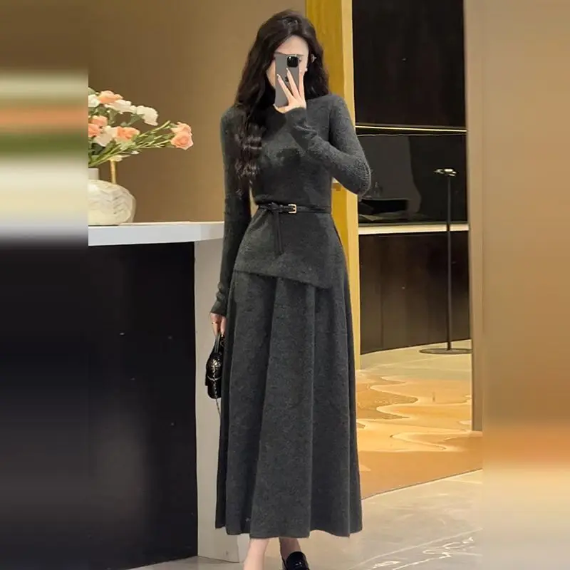 Ensembles de jupes à col haut pour femmes, pull à manches longues paresseux, jupes longues, olympiques chics design, vêtements de bureau pour femmes, 2 pièces