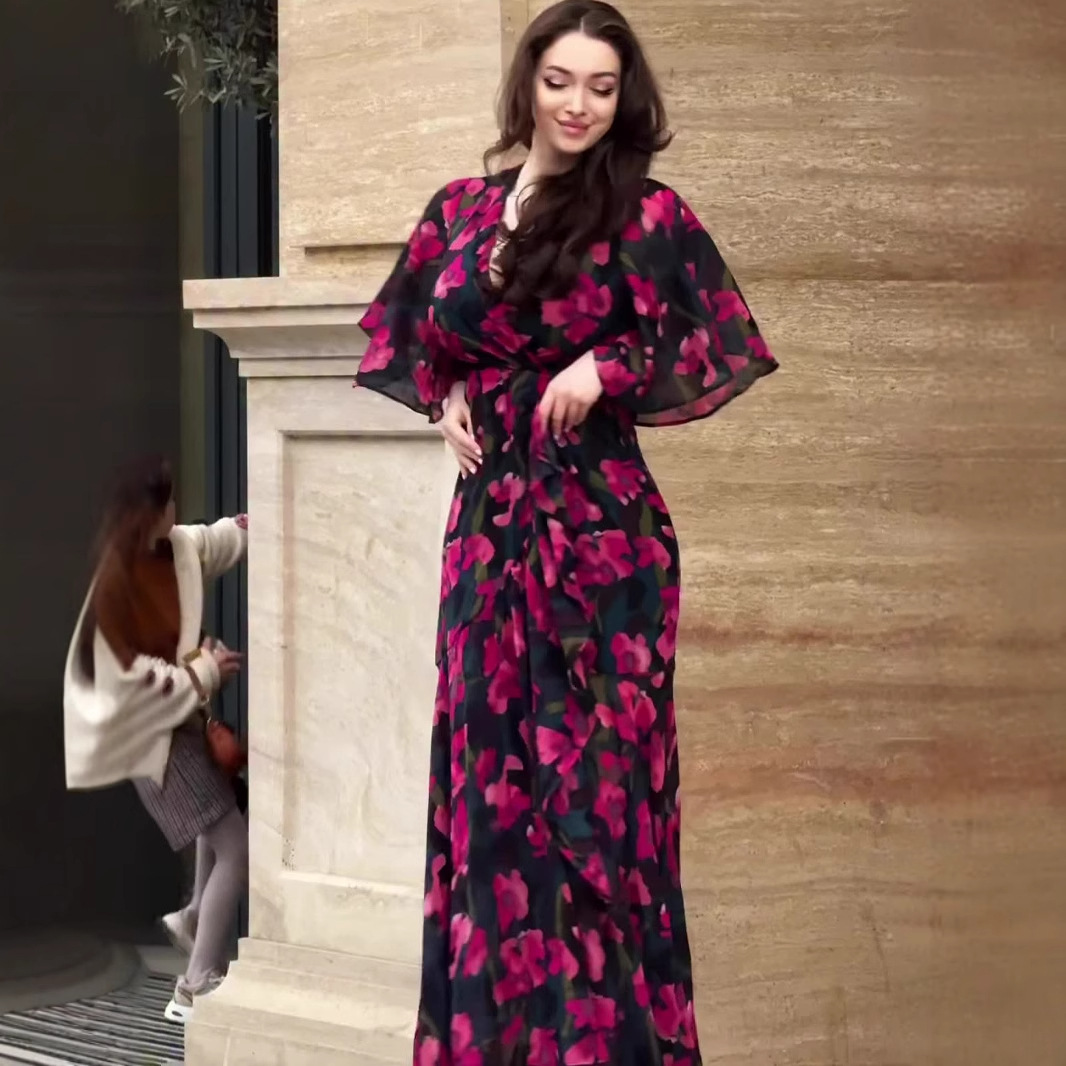 Robes d'été Vintage pour femmes, nouvelle mode américaine et européenne, Sexy, col en v, manches courtes, imprimé floral, longueur cheville, vêtements féminins